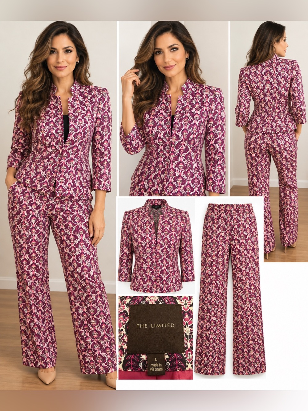 The Limited Vintage Purple Pink Print 2-Piece Pantsuit Blazer L Pants 14